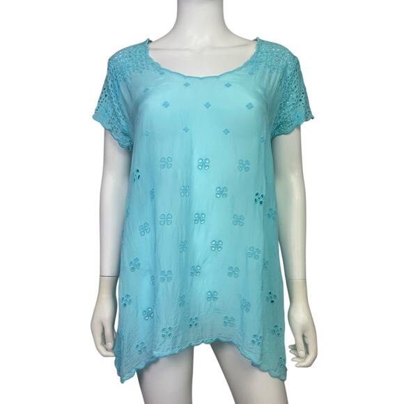 Johnny Was Women's S Blue Embroidered Darla Boho Scoop Eyelet Tunic Top EUC - Picture 1 of 4